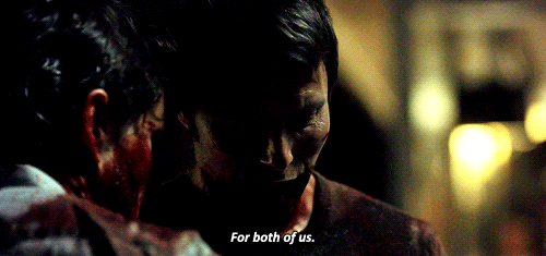 GIF with dialogue text ('For both of us') of Hannibal and Will sharing an intimate exchange.