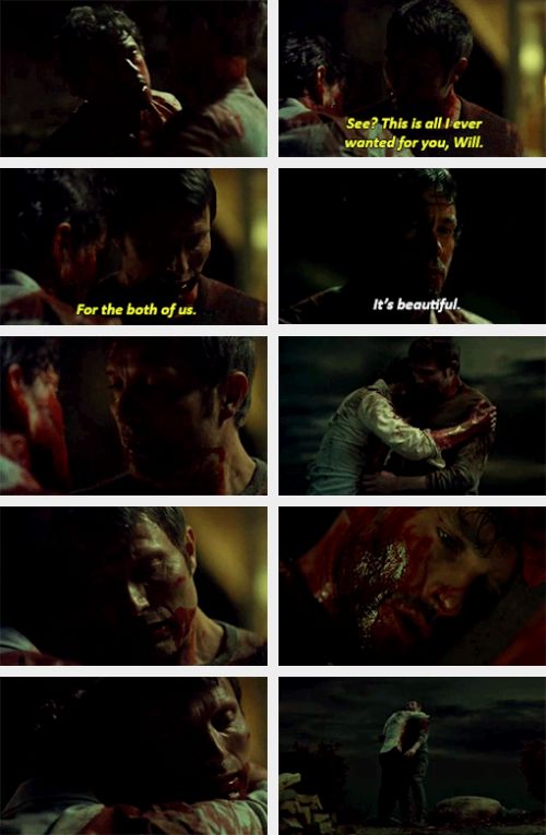Image showing the frames most commonly used in GIF set sequences of Hannibal's final scene. Three images are captioned: 'See? This is all I ever wanted for you Will'; 'For the both of us'; and 'It's beautiful.'