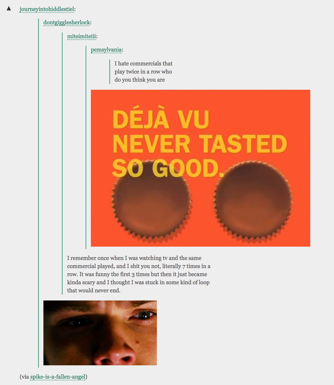 The first post in this screenshot is the text 'I hate commercials that play twice in a row who do you think you are.' Below that is an advertisement for Reese's Peanut Butter Cups. The ad features two peanut butter cups with the caption 'Déjà vu never tasted so good.' The Reese's advertisement is followed by the text 'I remember once when I was watching tv and the same commercial played, and I shit you not, literally 7 times in a row. It was funny the first 3 times but then it just became kinda scary and I thought I was stuck in some kind of loop that would never end.' Underneath this is a GIF of Padalecki as Sam, his eyes opening and he bolts up in bed.