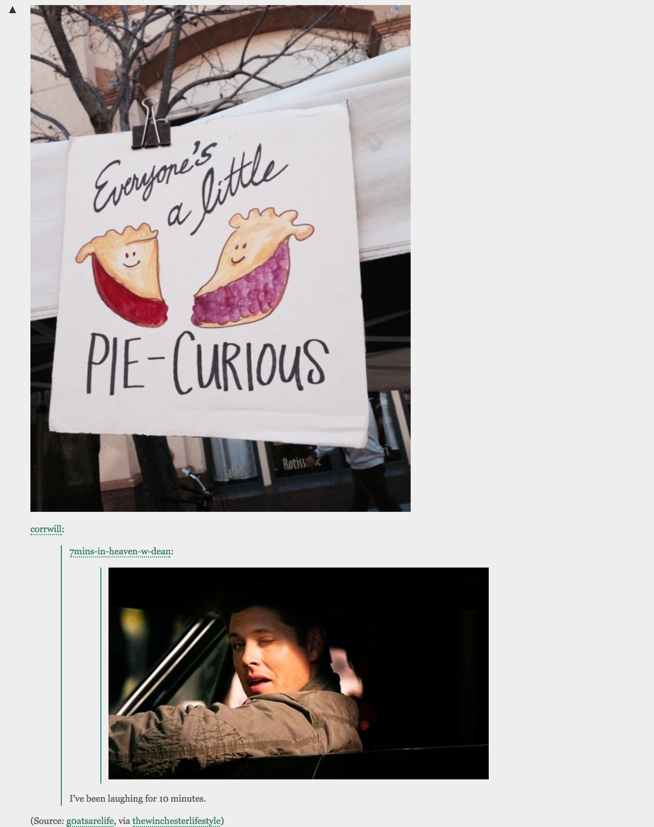 The first image is a sign of two slices of pie. They are drawn in a cartoon style with smiley faces on the crust. The text on the sign reads, 'Everyone's a little pie-curious.' Beneath the sign is a GIF of Ackles as Dean sitting in the Impala. The window is rolled down and he is winking. Below the GIF is the text 'I've been laughing for 10 minutes.'