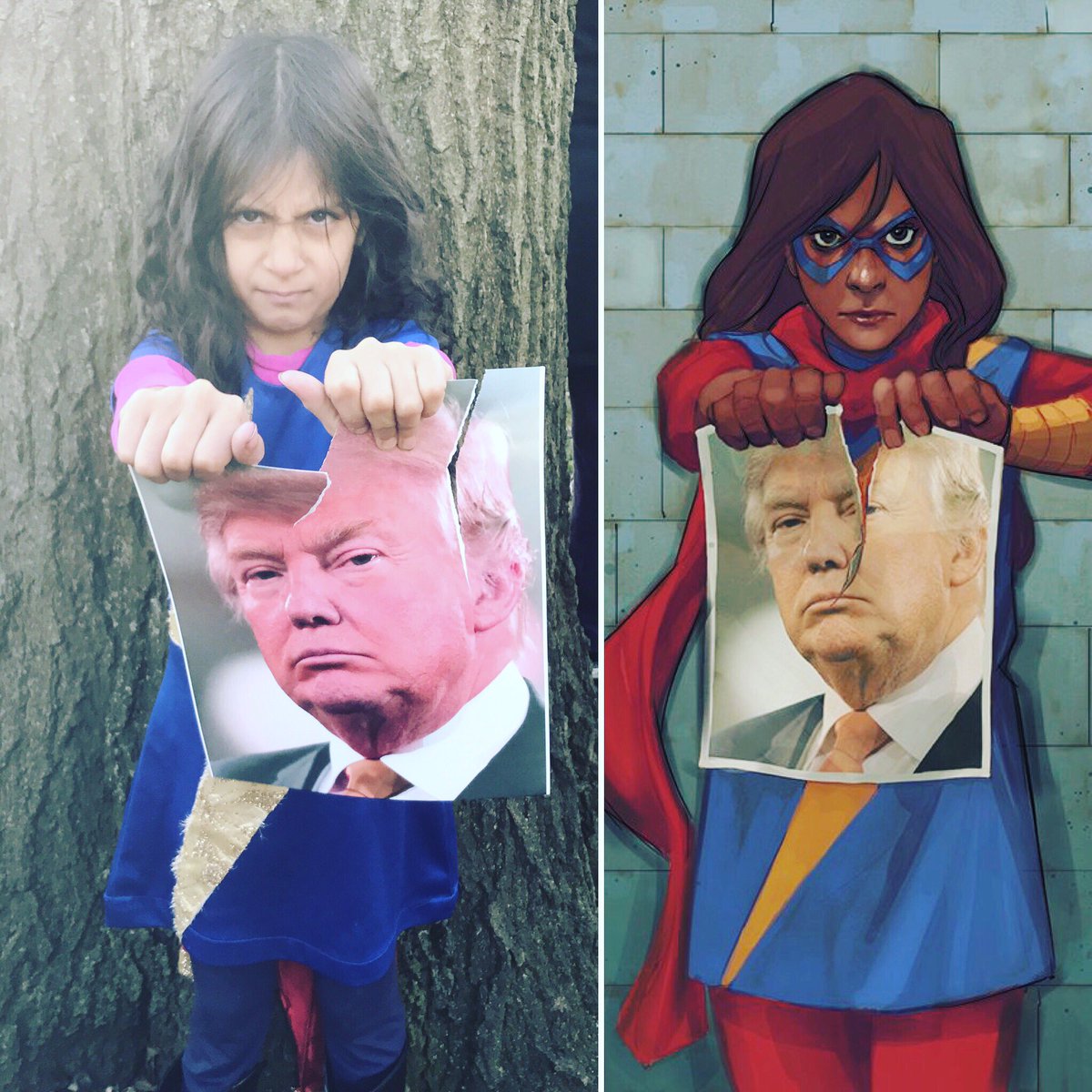Two images: (1) Illustrated cover of Civil War II #0 with a picture of President Donald Trump replacing Captain Marvel. (2) Photo of young girl imitating Ms. Marvel tearing the photo of President Trump.