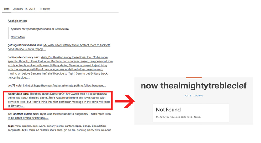Tumblr screenshot. The notes section underneath a post from fyeahgleemeta regarding spoilers for an upcoming Glee episode, highlighting one user's partial reply. Next to the highlighted reply is an arrow pointing to where the user is redirected when they click the link to read the reply in full; a blog indicating a new username and the words Not Found. The url you requested could not be found.