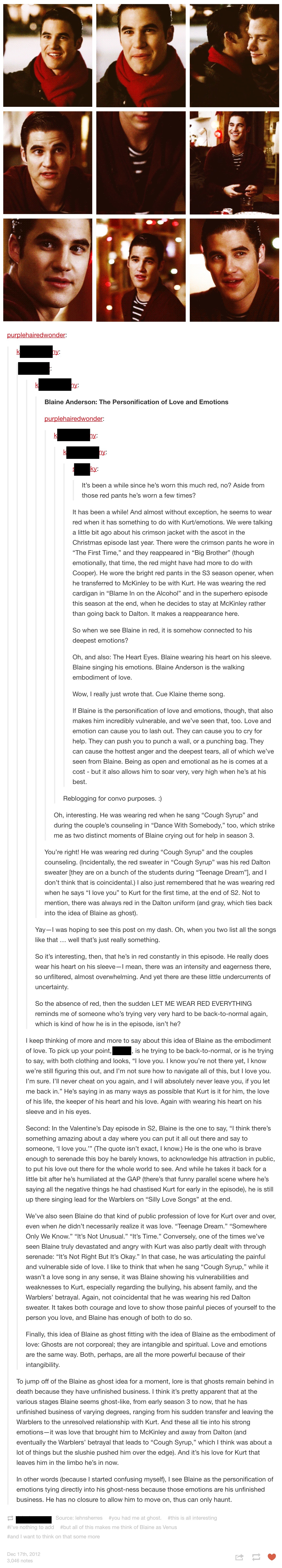 Tumblr screenshot. At the top are nine images, all close-ups of Blaine Anderson wearing red from the episode Glee Actually. The images are followed by a long text conversation among Tumblr users about Blaine and the color red, which he wears during emotional moments, not just as a declaration of love, but also as a cry for help or an expression of anger. Further conversation relates to the gray in the Dalton uniform and previous meta of Blaine-as-a-ghost.