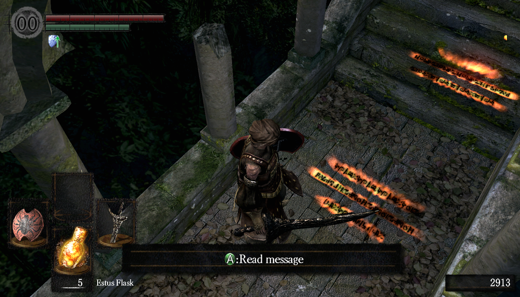 An armored character carrying a sword and shield stands in front of a set of glowing, runic text on a stone floor. Another similar set of glowing runes lies on a stairway in the upper right. The menu at the bottom of the screen depicts the A button, followed by the action "Read message."