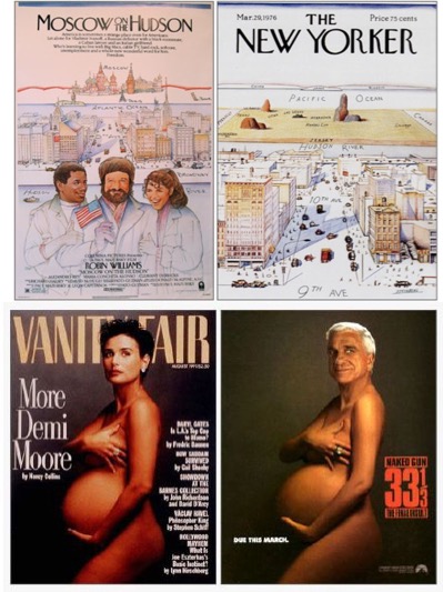 At the top of the picture are the two disputed images from Steinberg v. Columbia Pictures, side by side, with Columbia Pictures' Moscow on the Hudson on the left, and the New Yorker cover by Steinberg on the right. The bottom half of the picture shows the two disputed images from Leibovitz v. Paramount Pictures, with the Vanity Fair cover featuring a pregnant Demi Moore on the left, and the Naked Gun 33 1/3: The Final Insult poster on the right.