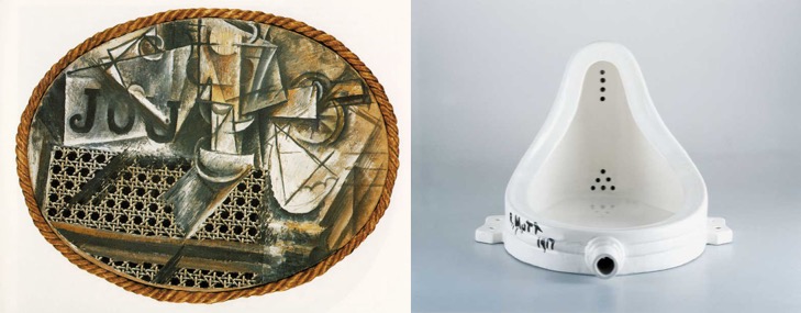 Two side-by-side images: one, a cubist work by Picasso, 'Collage Still Life with Chair Caning', and the other, a photograph of Marcel Duchamp's famous work 'Fountain', replicated in 1964.