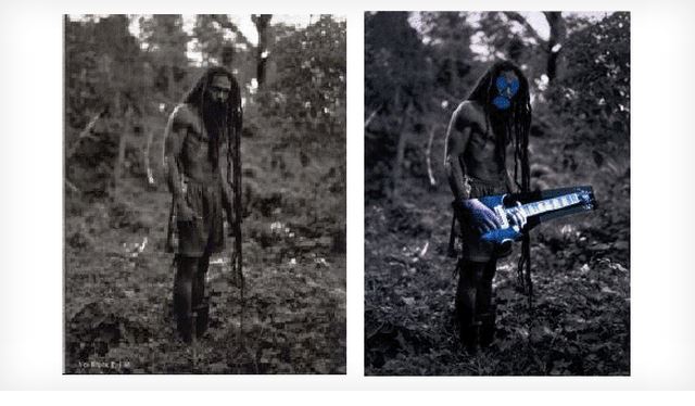 On the left is a black and white photograph by Patrick Cariou depicting a Rastafarian man with long dreadlocks. On the right, the same image with a blue tint, and three blue circles covering the man's eyes and mouth (resembling a gas mask). A blue electric guitar has been edited in so that he appears to be playing it.