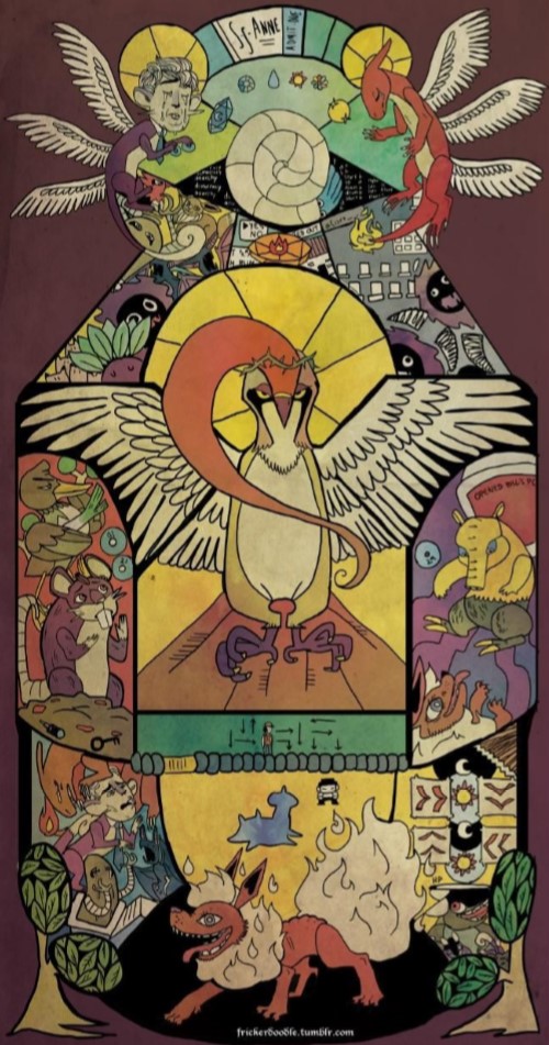 The artwork depicts scenes and characters from the first seven days of TPP. Arranged like a medieval Christian altarpiece, the work shows Bird Jesus in the center with a gold helix-fossil halo framed by individual scenes, which include the death of Abby and the banishing of Flareon. Pulled out of the individual scenes, Flareon is also depicted in the lower section of the image, contrasted to Abby and Jay Leno, who are adorned with seraphim angel wings at the top.