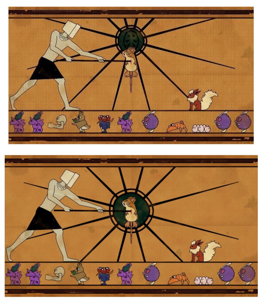 There are two artworks. Each depicts the sacrifice of twelve pokémon in Bloody Sunday. The characters are two-dimensional, and the background is a taupe color that makes it look like ancient Egyptian artwork on a stone tablet. In each image, a rat pokémon called Digrat is being stabbed by Flareon with a long spear on an altar in the center of the image. In image A, above, there is a dome fossil behind Digrat; however, in image B, below, the dome fossil has been removed by the artist.