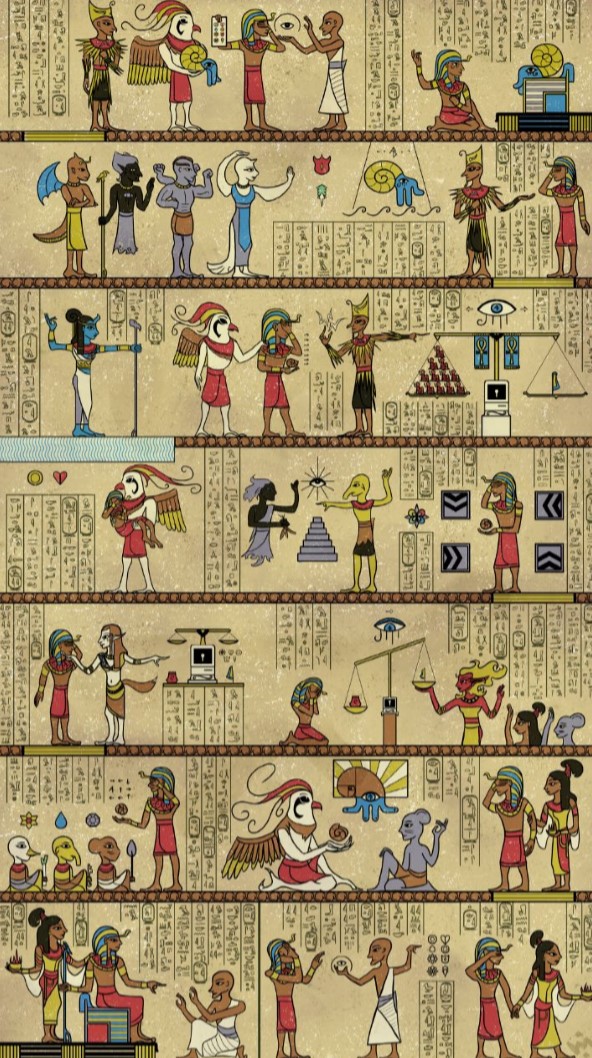 The artwork depicts the TPP trainer as a young pharaoh on a quest. The image is divided into seven vertical panels, each of which represents one or more major TPP events, beginning with the selection of Abby and ending with the resurrection of the Helix fossil. Abby's death and the rise of Bird Jesus are in frame two while Bloody Sunday is represented in frame five. The pokémon are depicted with humanoid bodies and animal heads, much like Egyptian gods such as Anubis and Ra. In the background are random mock hieroglyphics.