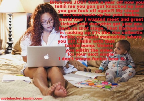Color image of Beyoncé sitting on a bed with a laptop with a child nearby.
