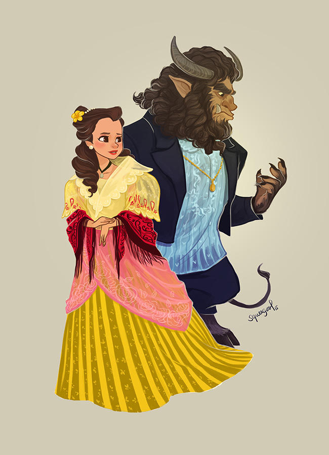 Beauty and the Beast from the 1991 Disney movie dressed in traditional Filipino costumes, Belle wearing a full yellow pleated skirt, wide-sleeved yellow blouse with lace collar, and pink-red shawl, with a yellow sampaguita flower in her hair, and Beast wearing a light blue shirt with elaborate embroidery and a dark blue formal suit, with a saint's medallion around his neck.
