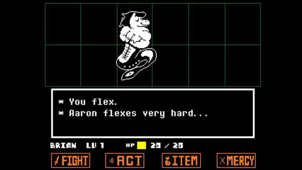 The character Aaron is in the center of the screen. A text box in the center reads: 'You flex. Aaron flexes very hard.'