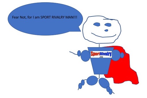 Badly drawn stick figure with a blue body, a red cape, and red-and-blue words SPORT RIVALRY on his blue body/jersey.
