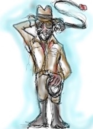 Color image of a white bespectacled man holding a whip in his left hand while simultaneously cracking another whip overhead with his right. He is dressed as Indiana Jones in a khaki outfit with boots and is wearing a hat.