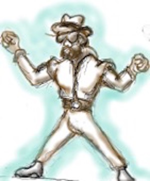 Color image of a bearded white bespectacled man wearing a khaki-colored outfit, a big belt, and a hat, standing with legs spread wide and arms extended, hands in fists.