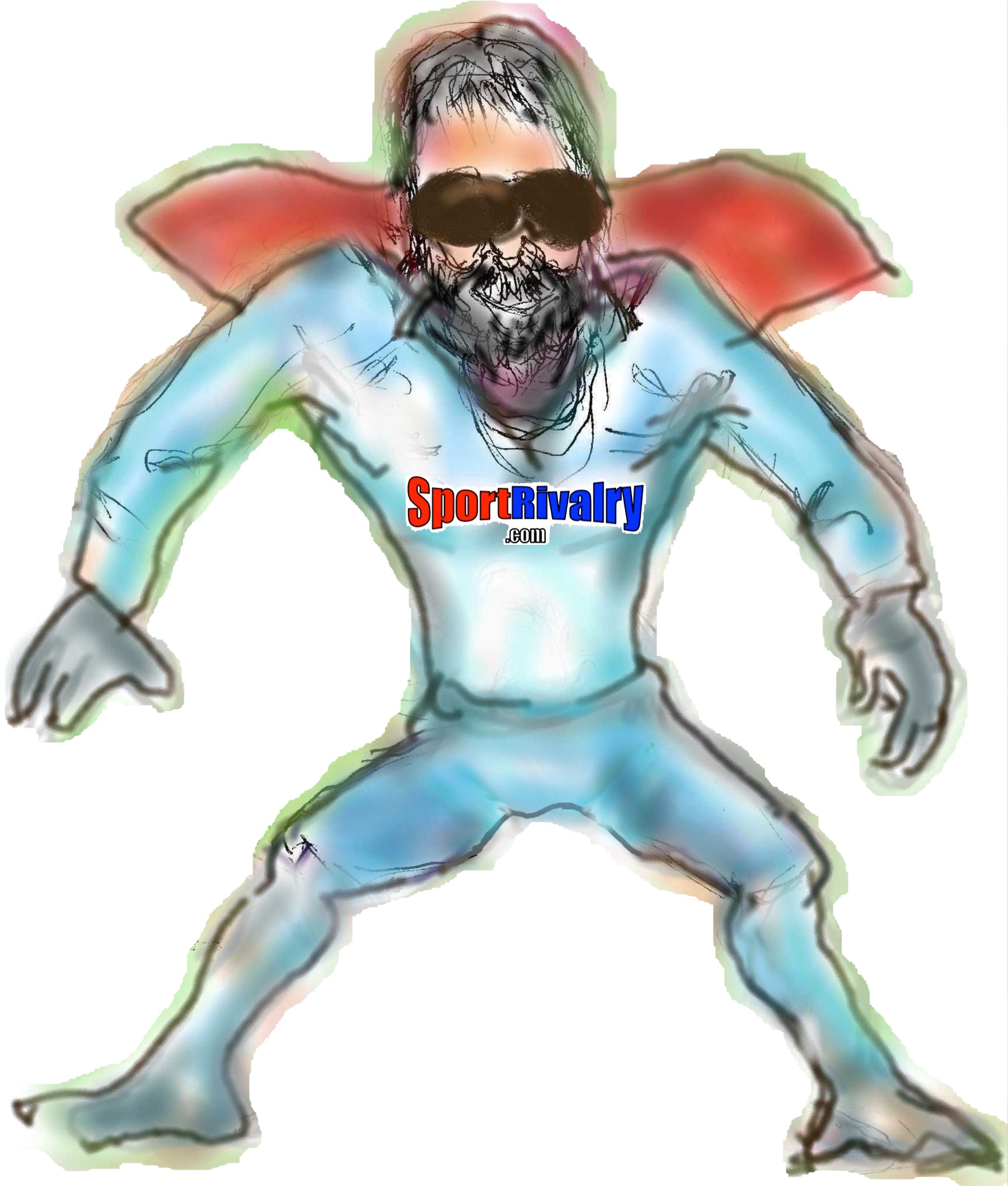 Color image of a white bearded man in a blue unitard and a red cape, standing with legs spread wide and arms extended, hands soft. His eyes are covered with two smudges of brown. On his chest, in red, white, and blue, it reads SportRivalry.com.