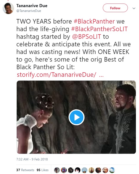Tweet includes a screen capture of the Black Panther characters Shuri and TChalla smiling.