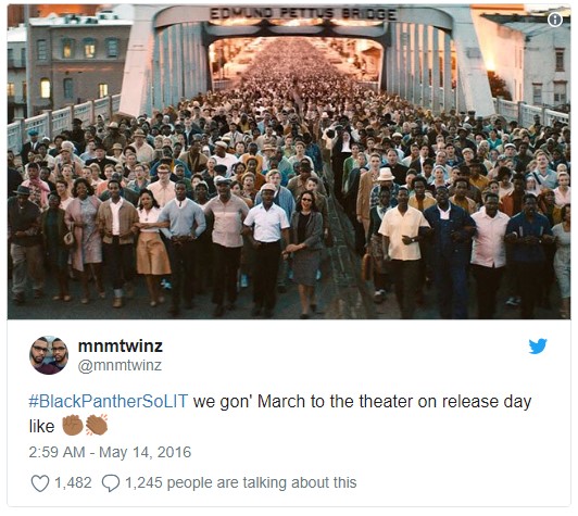 Tweet includes the hashtag BlackPantherSoLIT and a screen capture from Selma, the 2014 historical drama film directed by Ava DuVernay.