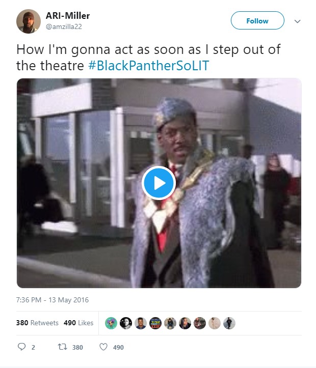 Screen capture video clip from the 1988 film Coming to America in which the main character, fictional Prince Akeem, arrives in the United States dressed extravagantly and with a full royal entourage.