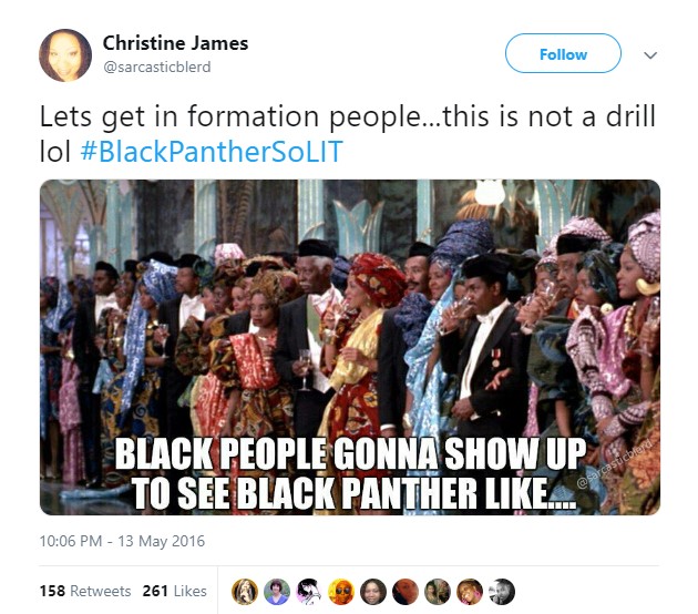 Screen capture from Coming to America is used alongside a lyric from Formation, Beyoncé’s pop anthem. A crowd of Black people in colorful celebration attire stand together.
