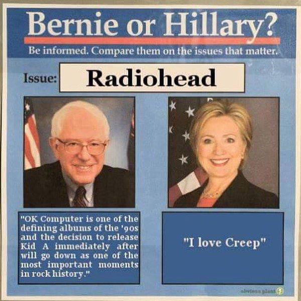 A remix of a traditional campaign poster comparing the views of Sanders and Clinton on the band Radiohead.