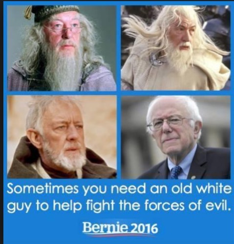 Composite image forming a single meme of (clockwise from top left): Dumbledore from the Harry Potter franchise, Gandalf from the Lord of the Rings franchise, Bernie Sanders in a suit, and Obi-Wan Kenobi from the Star Wars franchise: 'Sometimes you need an old white guy to help fight the forces of evil. Bernie 2016.'