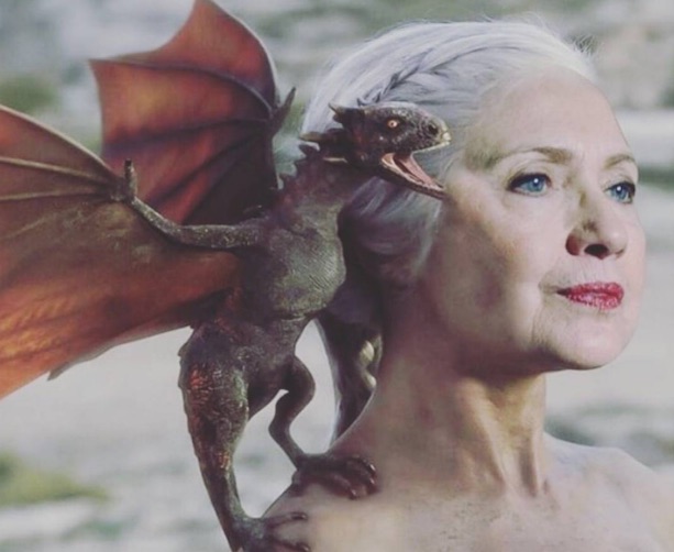 Meme of Hillary Clinton as Danaerys Targaryen, dragon on her shoulder, from Game of Thrones (2011–19).