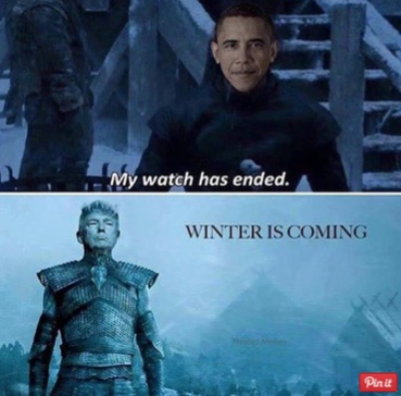 Composite image comprising a single Game of Thrones meme showing Barack Obama as Jon Snow: 'My watch has ended' (top); and Donald Trump as the Night King: 'Winter is coming' (bottom).