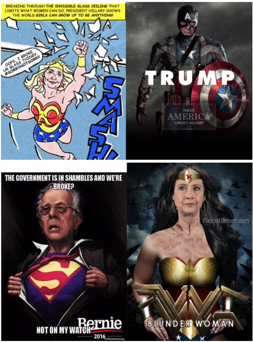 Composite image of four separate superhero memes. Clockwise from upper left: Cartoon of Hillary Clinton as Wonder Woman smashing a glass ceiling. Photo of Donald Trump as Captain America presented as a movie poster. Photo of Hillary Clinton as Wonder Woman, captioned 'Blunder Woman.' Bernie Sanders ripping open his shirt to reveal the Superman suit beneath.