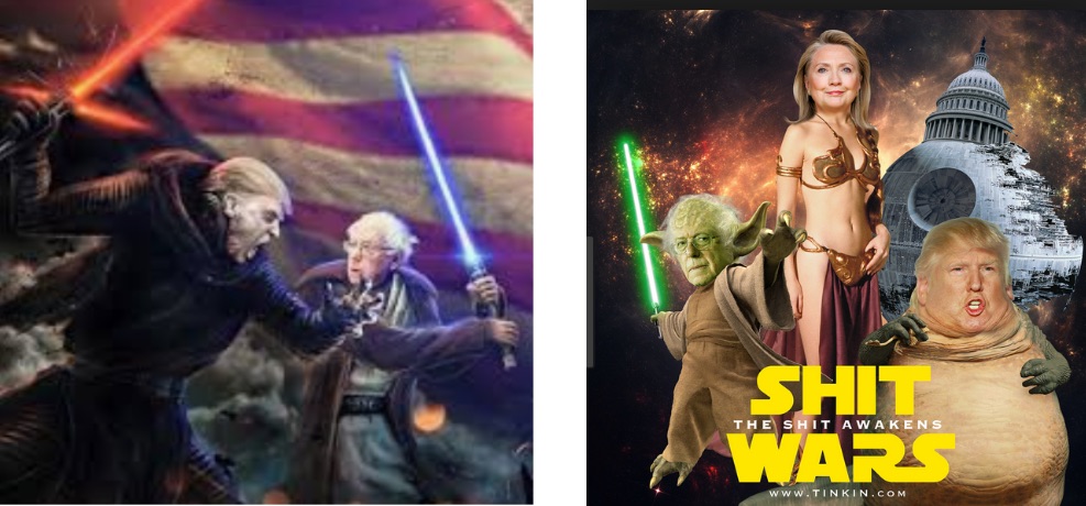 A black-clad Donald Trump duels with light sabers with Bernie Sanders, dressed as a Jedi, against the backdrop of an enormous American flag (left); and an image in the style of a movie poster shows Bernie Sanders as Yoda, Hillary Clinton as Princess Leia (wearing her famous slave girl outfit), and Donald Trump (as Jabba the Hutt), with the Capitol perched atop the Death Star in the background.
