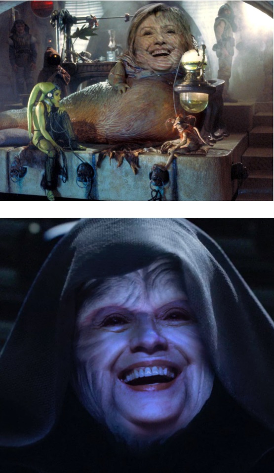 Composite image of two memes illustrating the grotesque body via Star Wars memes: Hillary Clinton as Jabba the Hutt and Palpatine.
