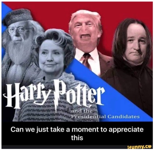 Against a blue backdrop is a black-and-white Bernie Sanders as Dumbledore and Hillary Clinton as Umbridge, and against a red backdrop are color images of Donald Trump as Voldemort and Ted Cruz as Snape.