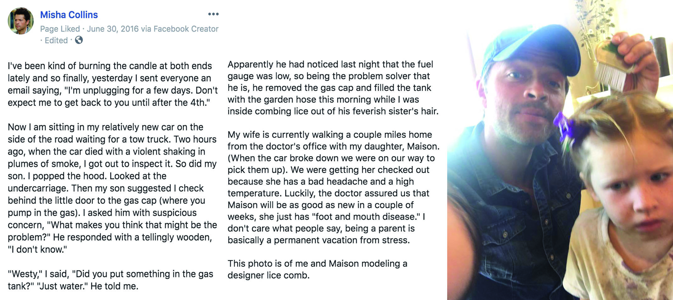 Color screenshot of Misha Collins Facebook image post from account officialmisha dated June 30, 2016, detailing a color photo of Misha Collins and daughter Maison with a comb.