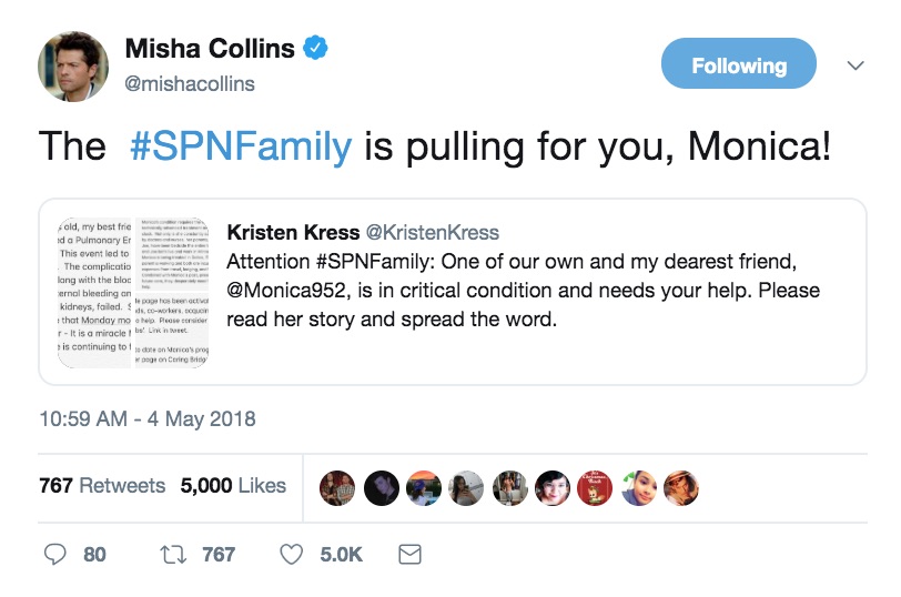 Color screenshot of tweet by Misha Collins from account @mishacollins dated May 4, 2018.