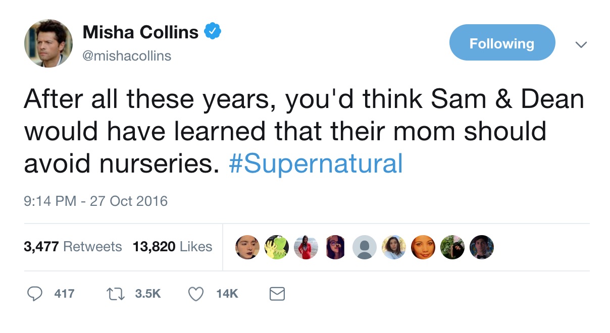 Color screenshot of tweet by Misha Collins from account @mishacollins dated October 27, 2016.