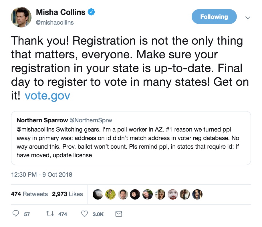 Color screenshot of tweet by Misha Collins from account @mishacollins dated October 9, 2018.