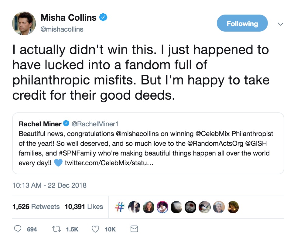 Color screenshot of tweet by Misha Collins from account @mishacollins dated October 27, 2018.