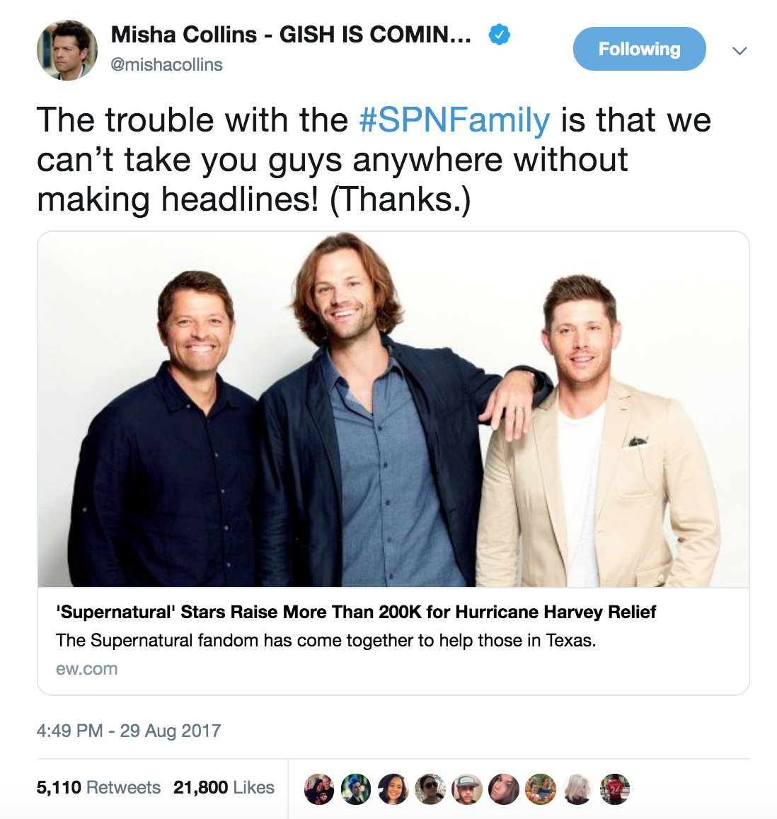 Color screenshot of tweet by Misha Collins from account @mishacollins dated August 29, 2017.
