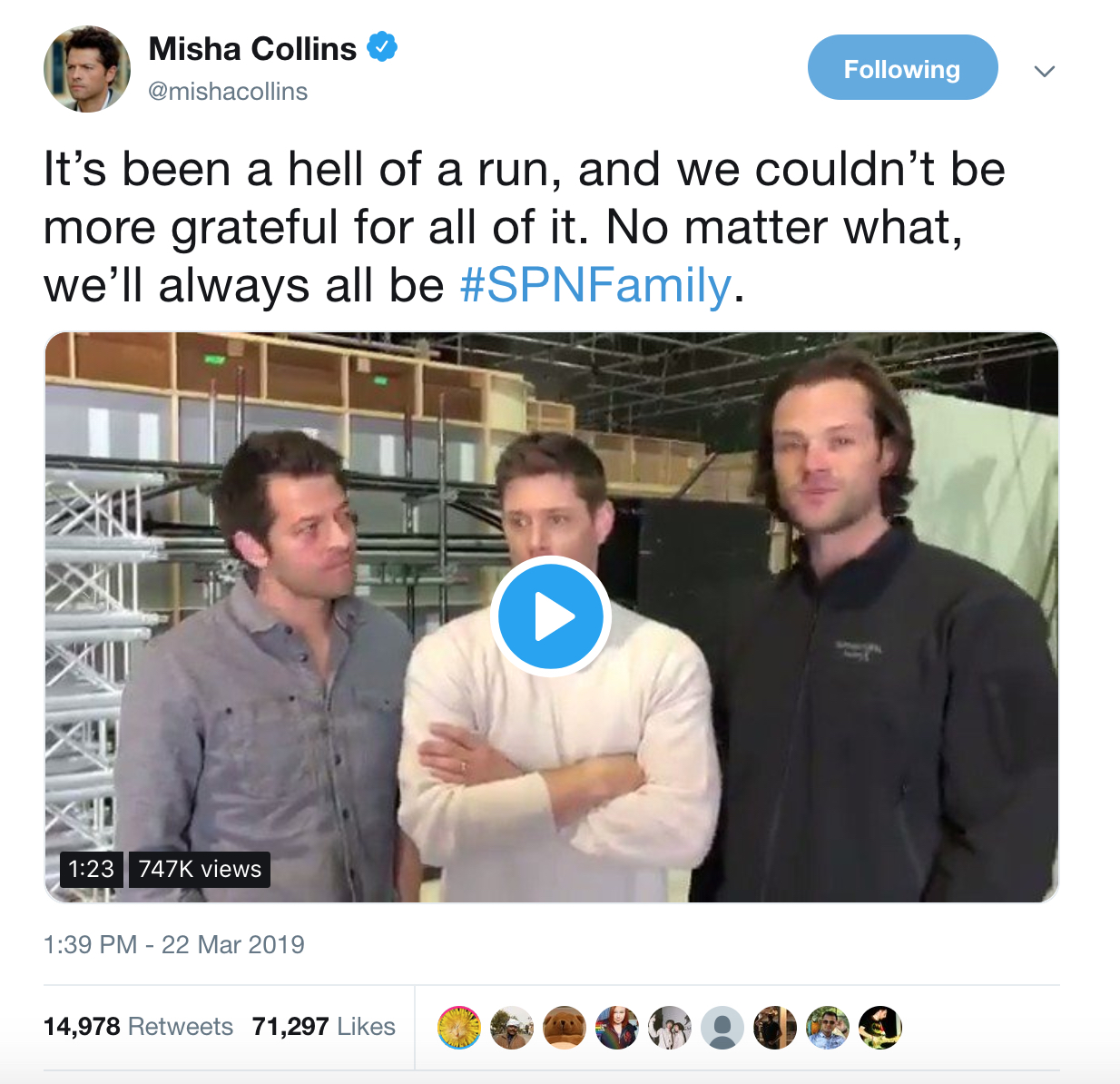 Color screenshot of tweet by Misha Collins from account @mishacollins dated March 22, 2019.
