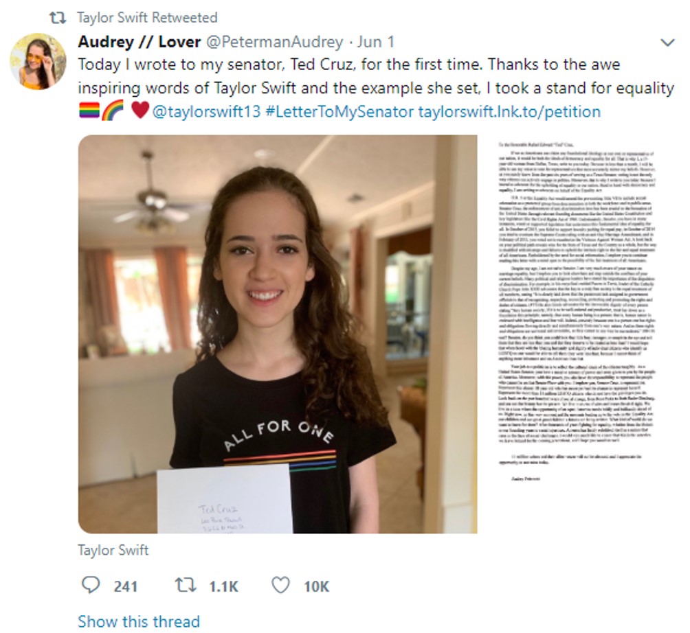 Screencap of Twitter post retweeted by Taylor Swift at account @taylorswift13. Underneath the text are two images. The first image is a color photo of a girl with long brown hair wearing a dark T-shirt with a rainbow and the words All For One. She is standing in a living room and holding a sheet of paper in her hand. The second image is a clickable black-and-white image of a letter.