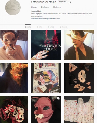 Instagram page with profile for Island of Doctor Moreau project and nine post images of cosplay in various stages of completion.