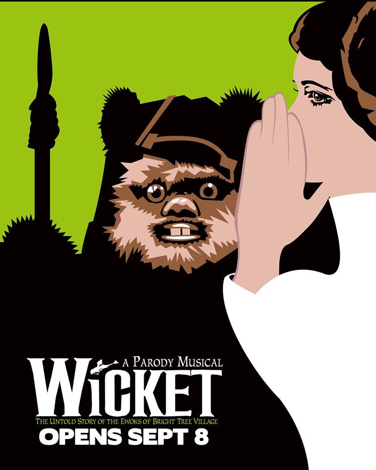 Poster art showing Princess Leia whispering in the Ewok Wicket’s ear, a parody of the poster art for the musical Wicked which shows the Good Witch Glinda whispering in the Wicked Witch of the West’s ear.