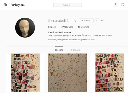 Instagram landing page for user thecuratedidentity, with an avatar of a blank white wig head