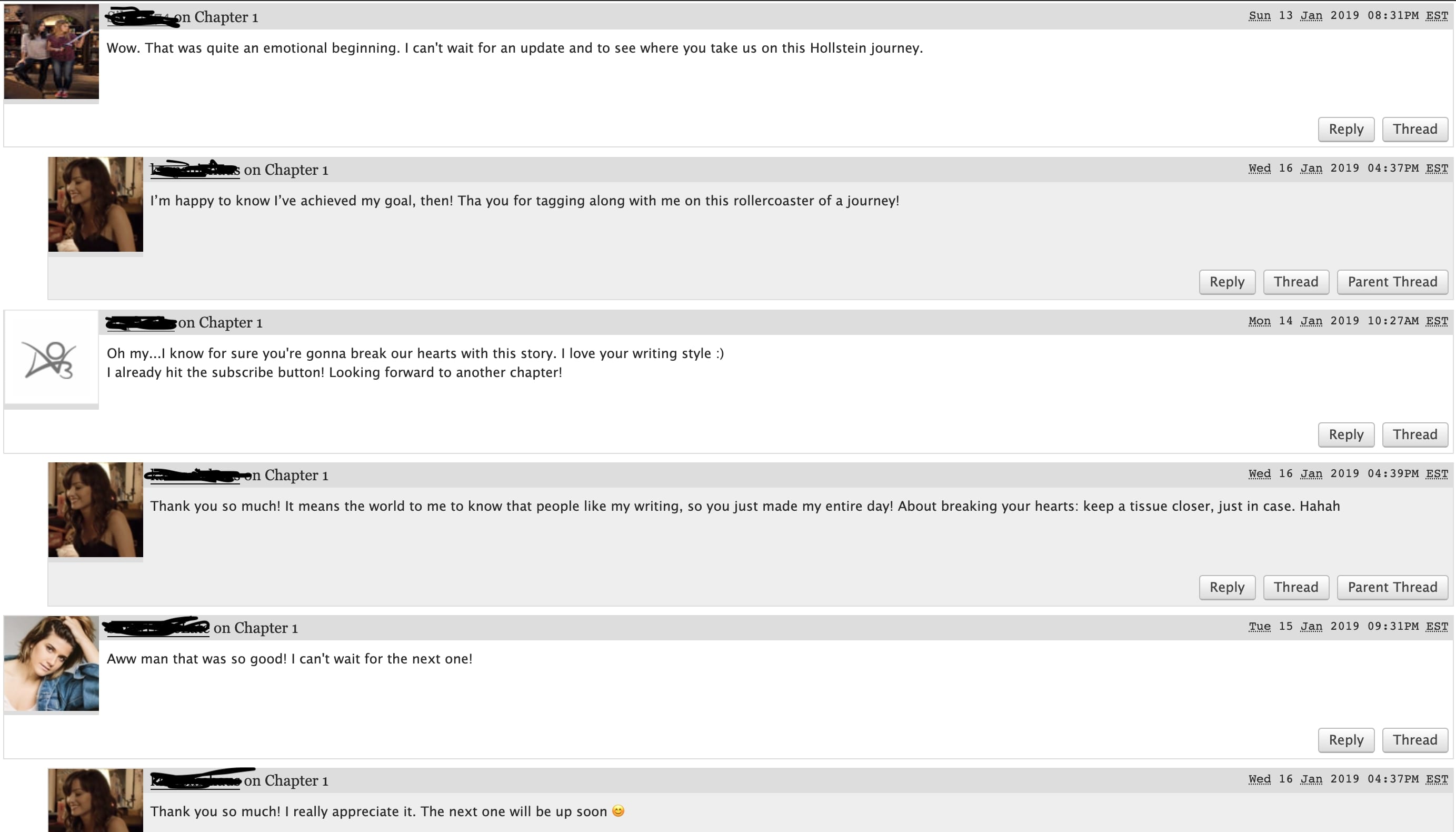 screenshot of encouraging comments on an AO3 work and the author's grateful replies