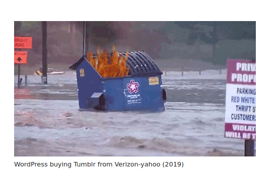 An image of a dumpster on fire floating down a flooded street toward an area with a private property sign.