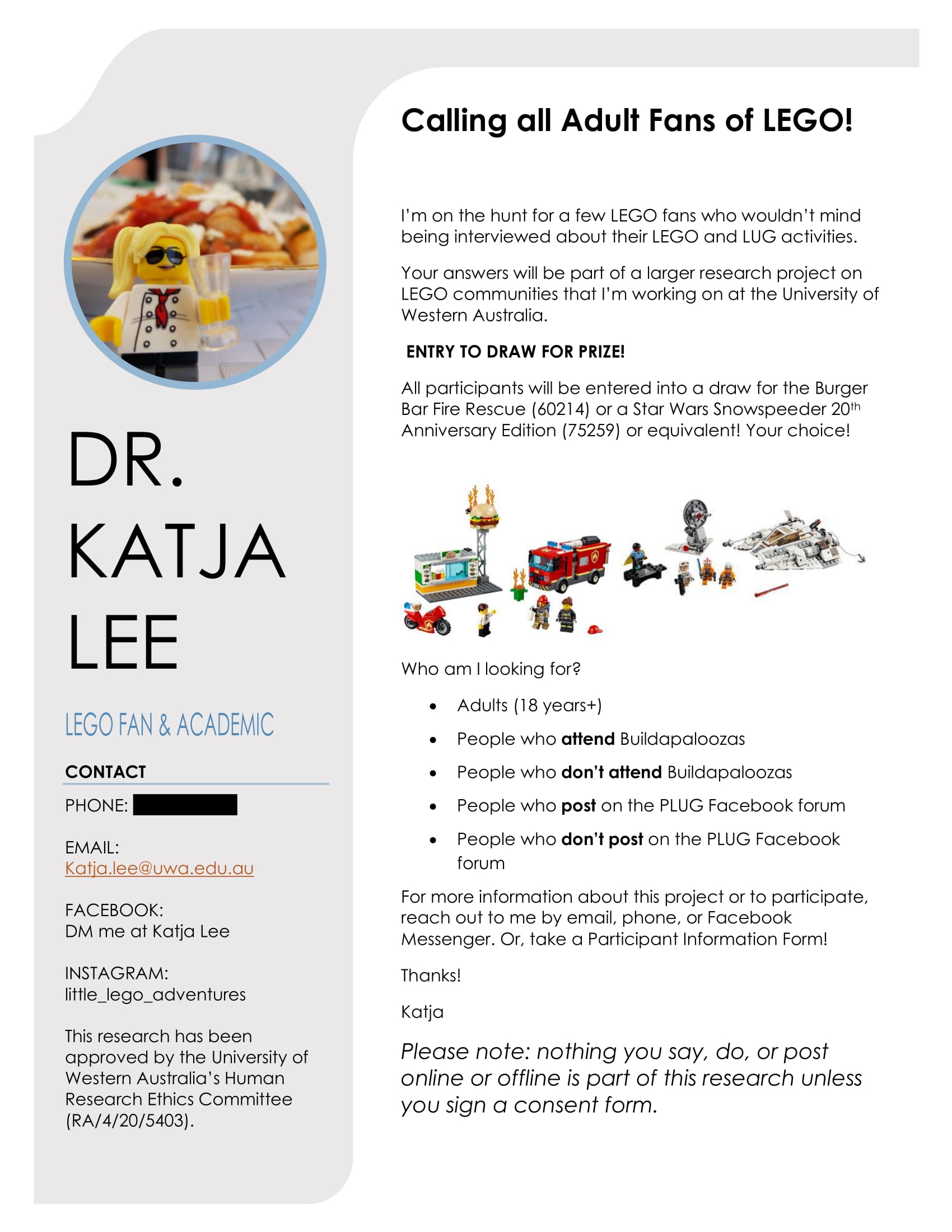 Recruitment poster soliciting participants for study. The poster is headlined: Calling all Adult Fans of LEGO! and in the top left corner in a circle is a Lego minifigure with a ponytail holding a wine glass, representing Dr. Katja Lee.