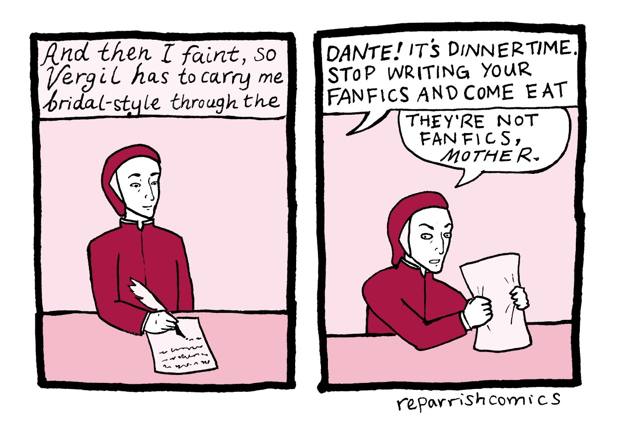 A two-panel comic. On the right, Dante is writing; on the left, his mother calls to him to tell him to stop writing fan fic.