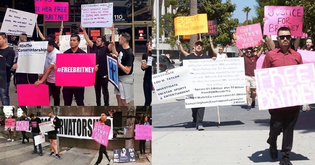 Collage of images of pink-sign-wielding protesters