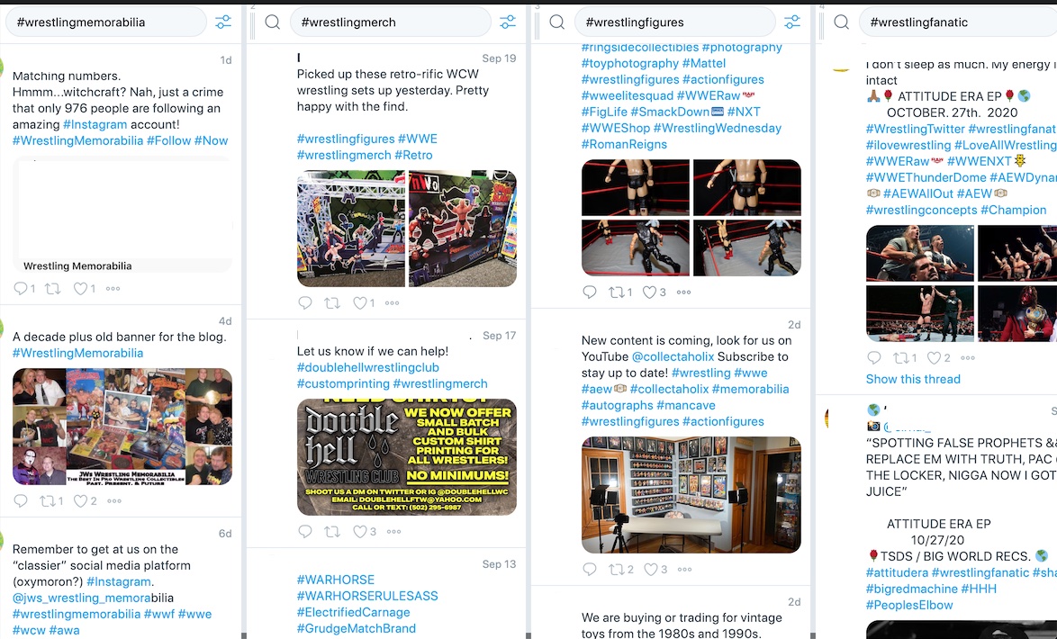 Screenshot of TweetDeck showing uses of various wrestling-related hashtags. Each tweet has a screenshot attached, most showing off WWE merchendice.